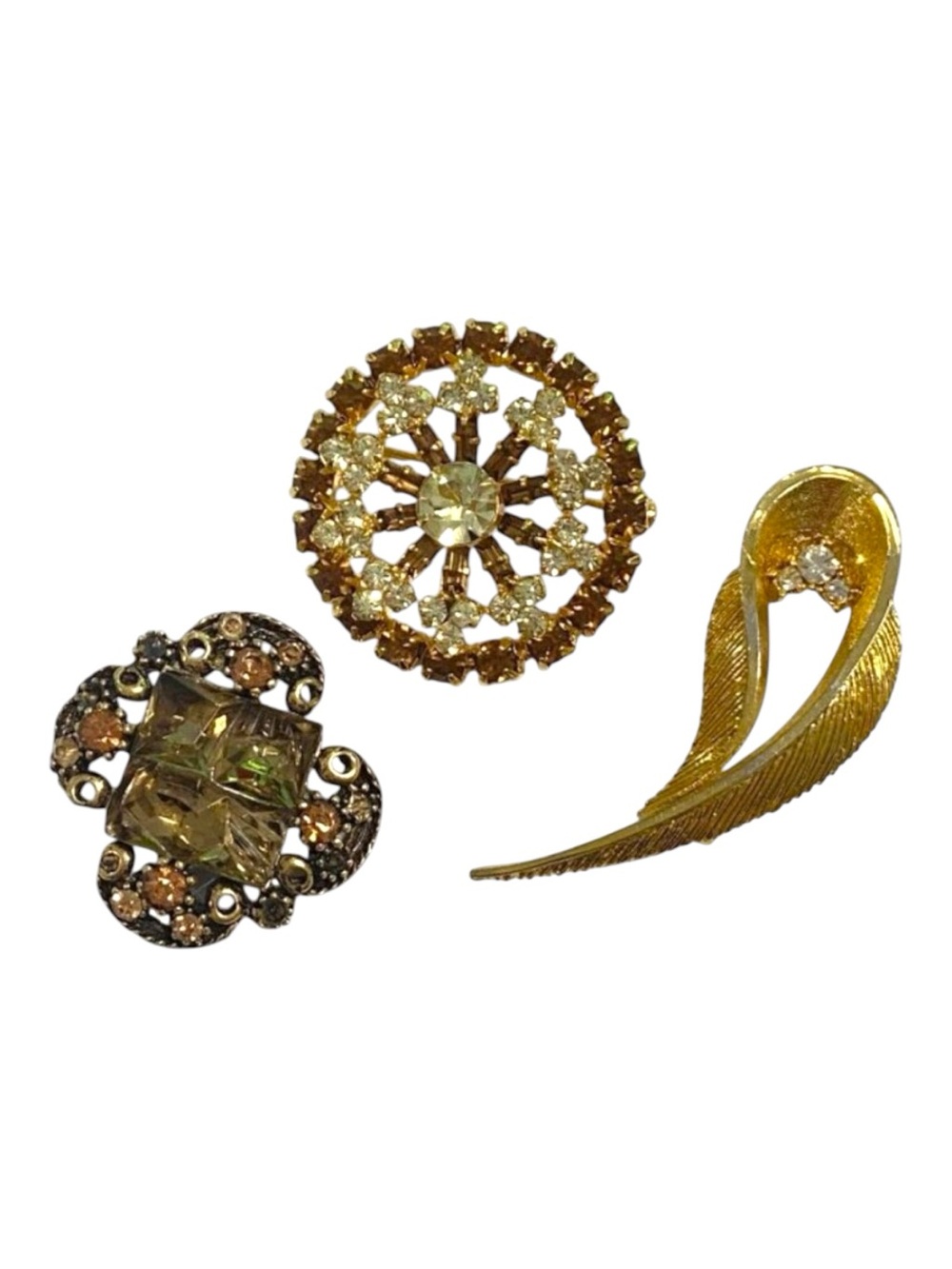 Set Of 3 Vintage Gold & Amber Rhinestone Brooches - Mid-Century Glamour 1950s-19